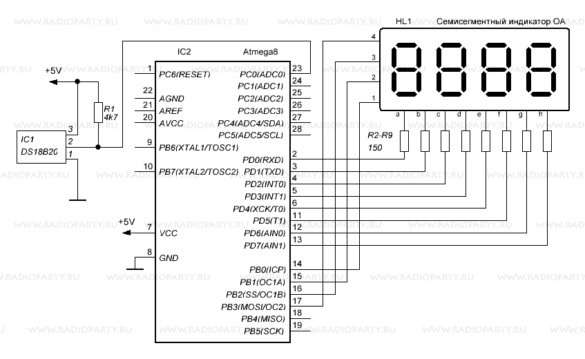 Подключение термодатчиков DS1820, DS18B20 к микроконтроллерам AVR (часть 2). Делаем простой термометр