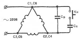 Схема подсоединения трехфазного электродвигателя в однофазную сеть по схеме «треугольник» с пусковым конденсатором Сп