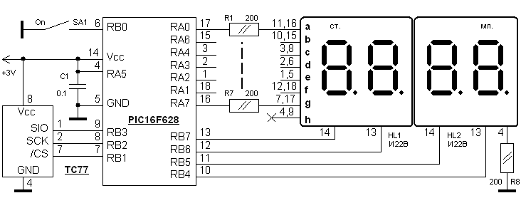 Термометр на PIC16F628 + TC77