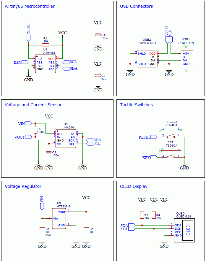 USB тестер напряжения и тока на ATtiny85 и INA219 - схема