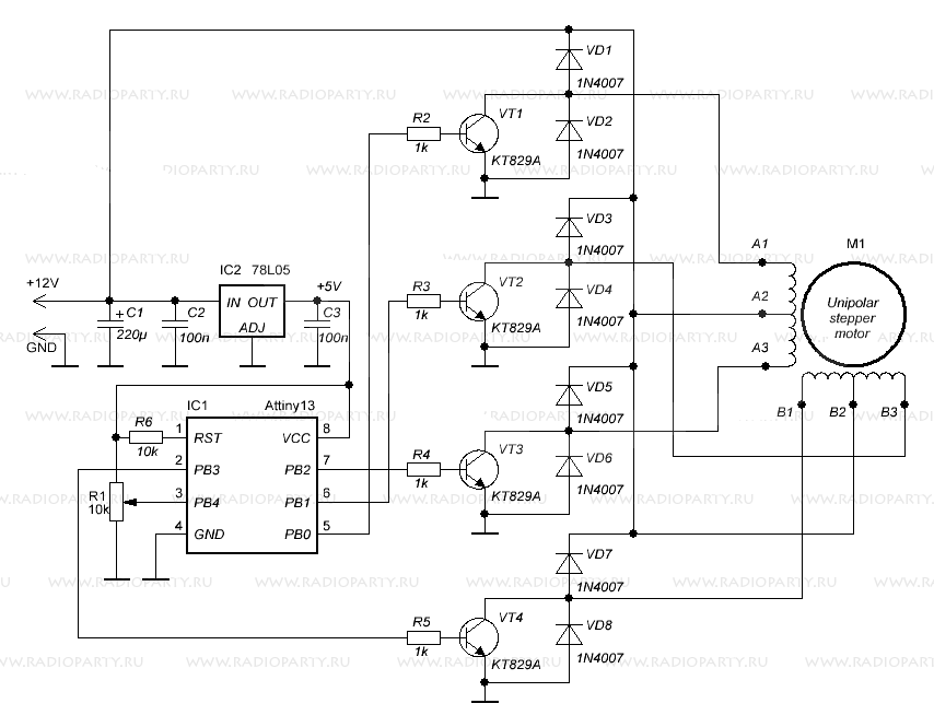 Контроллер шагового двигателя на ATtiny13 - схема