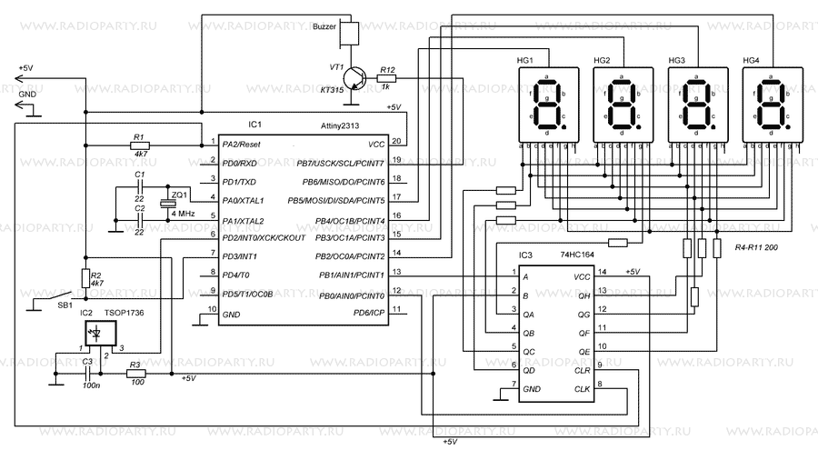Часы с дистанционным управлением(RC-5) - схема