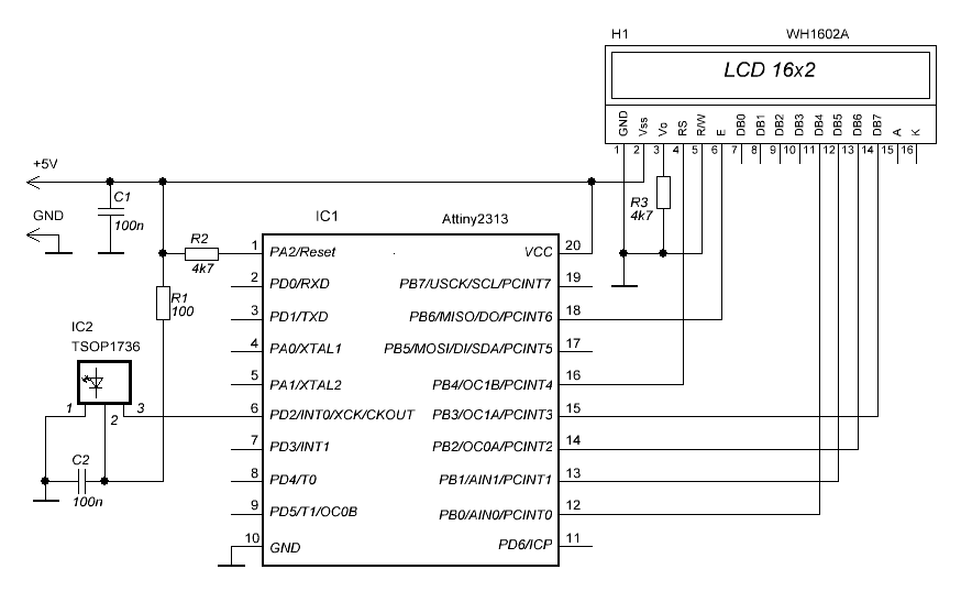 Декодер RC-5 на Attiny2313 + LCD - схема