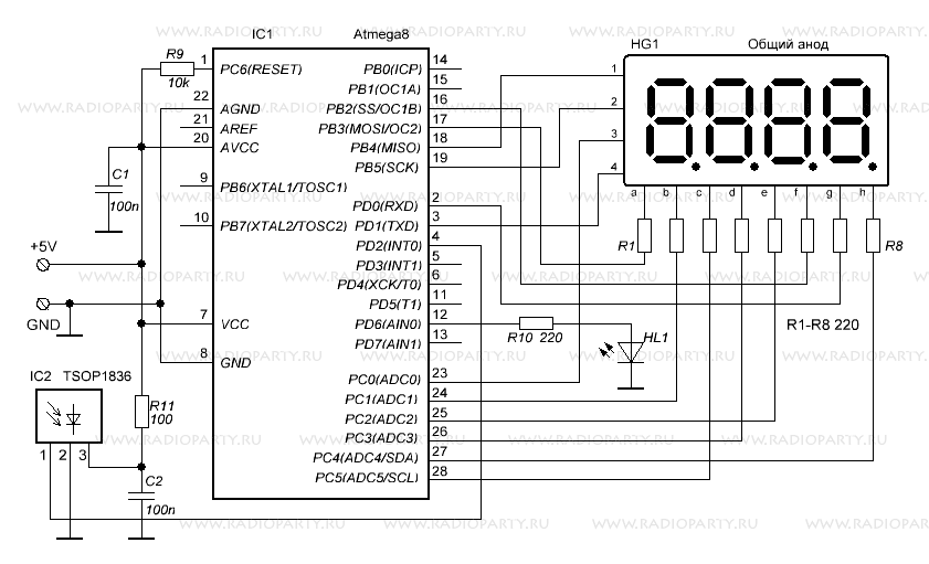 Тестер RC-5 на ATmega8 - схема