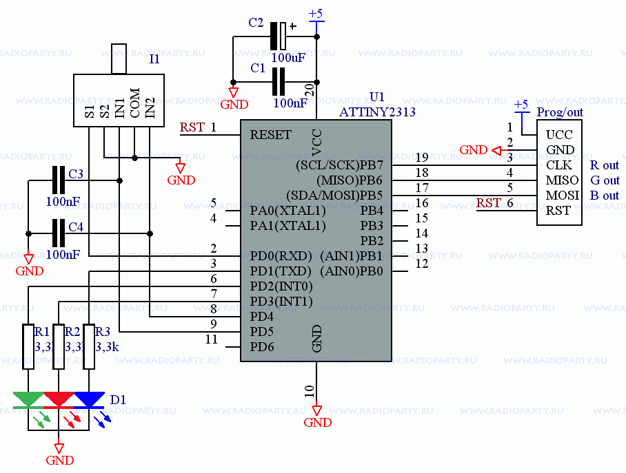 RGB контроллер на Attiny2313 с управлением на энкодере - схема