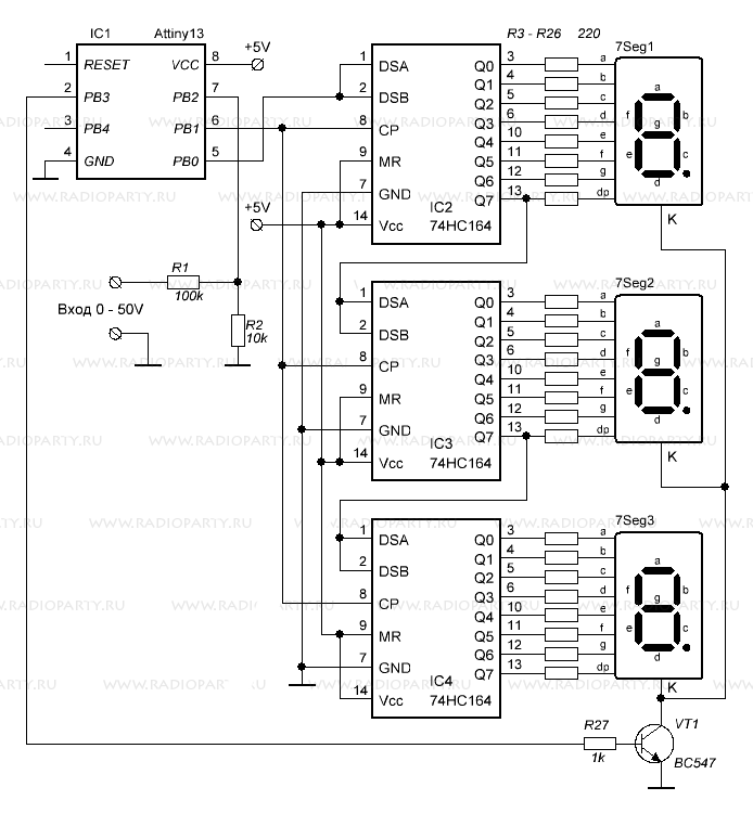 Подключение семисегментных индикаторов с помощью сдвигового регистра 74HC164