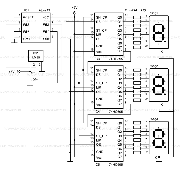 Подключение семисегментных индикаторов с помощью сдвигового регистра 74HC595. Делаем простой термометр на Attiny13 и LM35