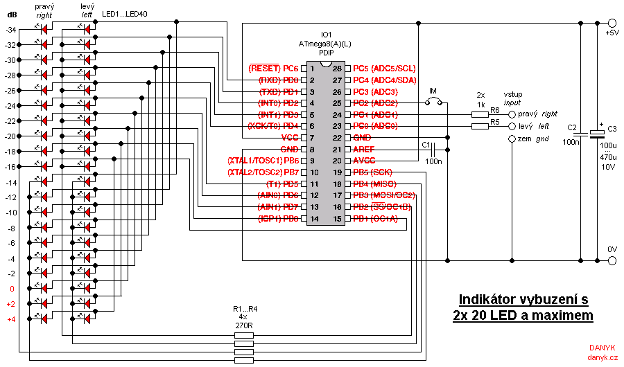Индикатор уровня аудиосигнала 2x20 светодиодов на ATmega8 - схема