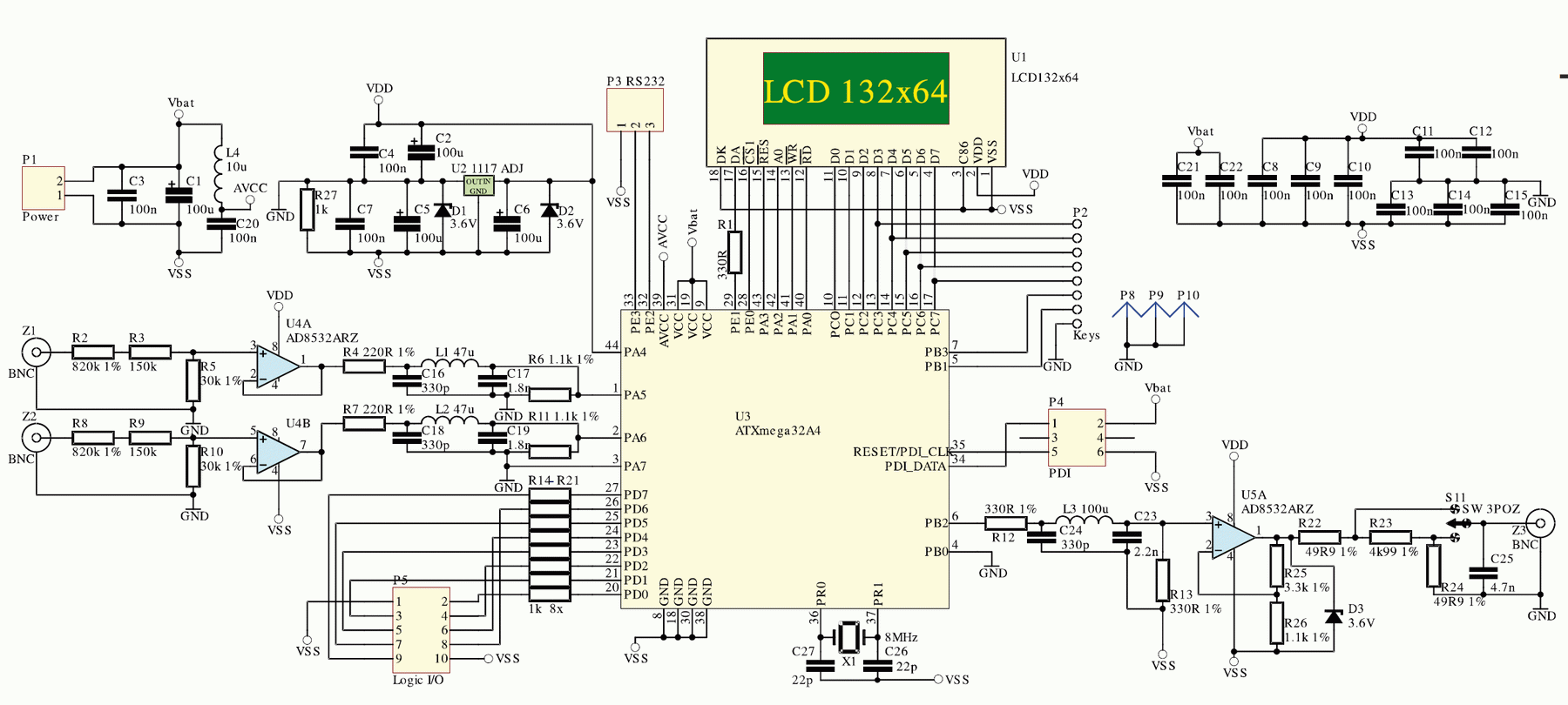 Универсальный измерительный прибор на ATXmega32A4 - схема