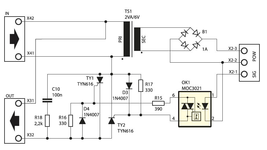 Схема исполнительной части системы коммутации напряжения трансформатора на двух тиристорах
