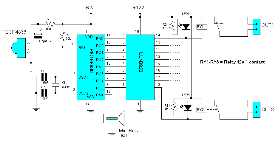 Дистанционное инфракрасное управление на PIC16F630 - схема приемника