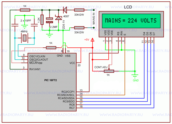 Вольтметр сетевого напряжения на PIC16F72 - схема