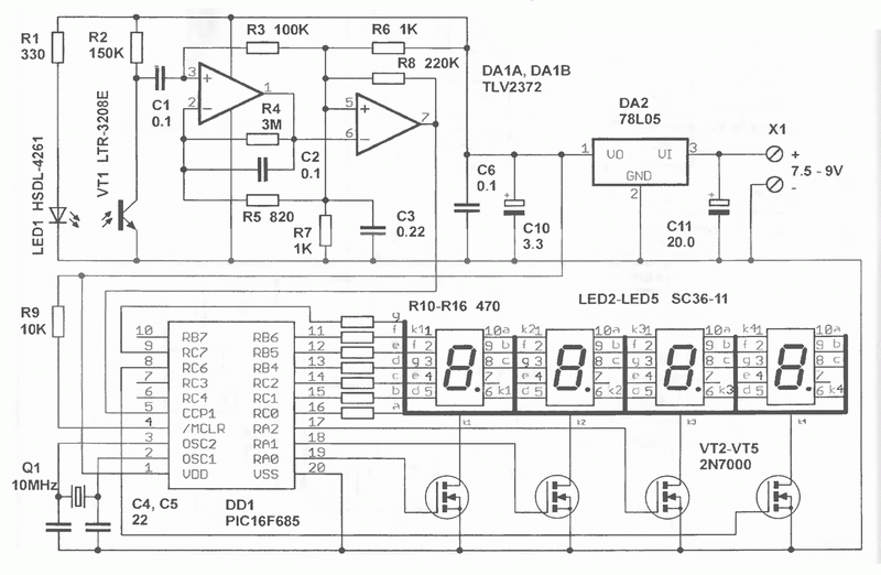 Бесконтактный тахометр на PIC16F685 - схема