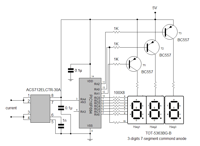 Амперметр на PIC16F684 и ACS712 - схема