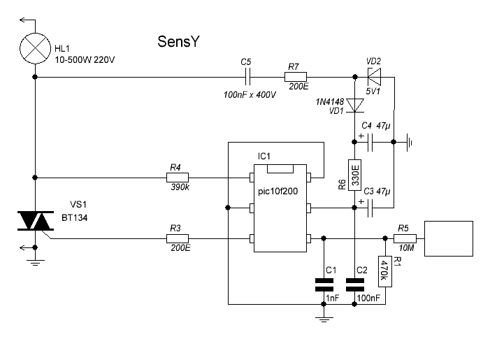 Сенсорный диммер на PIC10F200 - схема
